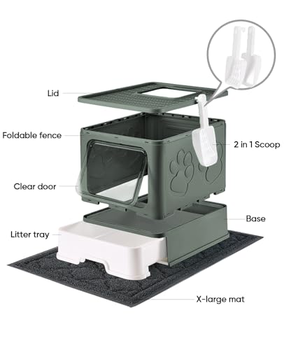 Image of Medario Cat Litter Box with X-Large Litter Mat and Scoop, Large Covered Litter Box with Lid, Enclosed Kitty Box,Front Top Entry Exit, Odor Control Easy to Clean (Upgrade Olive Green)