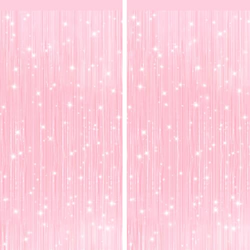 Image of 2Pack Pastel Pink Metallic Tinsel Foil Fringe Curtains, Pink Backdrop, Door Streamers Photo Booth Backdrop for Birthday Party, Tinsel Curtain Backdrop for Shower Bachelorette Xmas Party Decorations