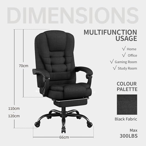 Fabric Office Task Chair- Computer Ergonomic Desk Chair- High Back Executive Chairs Height Adjustable with Footrest Lumbar, 360° Swivel Gaming Office Desk Chair with Flip-up Armrest for Adult, Black