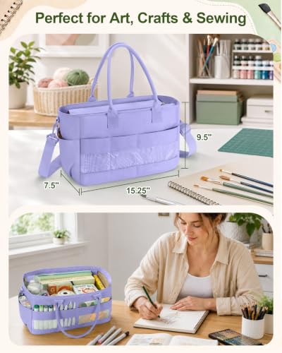 Image of Marscamd Craft Organizer Tote Bag, Art Supply Caddy, Purple | with 11 Exterior Pockets, Zip-Top Closure, Detachable Shoulder Strap, Large Capacity for Art, Crafts & Sewing