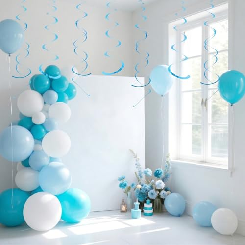Image of Party Swirl Decorations Hot Pink Shinny Foil Hanging Swirl Decorations Plastic Streamer for Ceiling Plastic Streamer for Party Decorations Metallic Hanging Swirl Pack of 30 (Lake Blue)