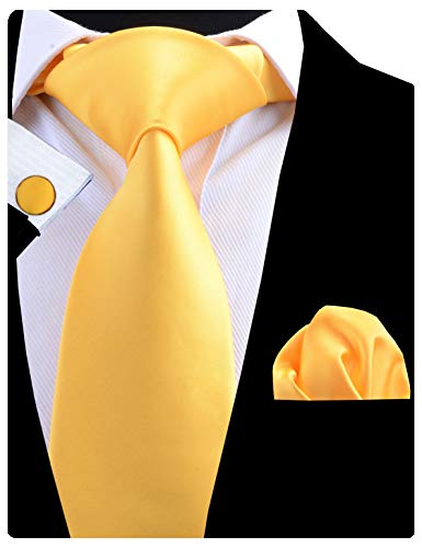 GUSLESON Wedding Tie Silk Yellow Necktie and Pocket Square Cufflinks Set For Men (0785-03)