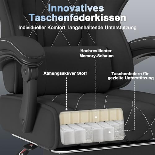 Devoko Gaming Stuhl Stoff ergonomisch mit Massagefunktion und Fußstütze, Taschenfederkernpolster, 135° verstellbar, atmungsaktiv für Home Office oder Gaming Zimmer schwarz – Bild 5