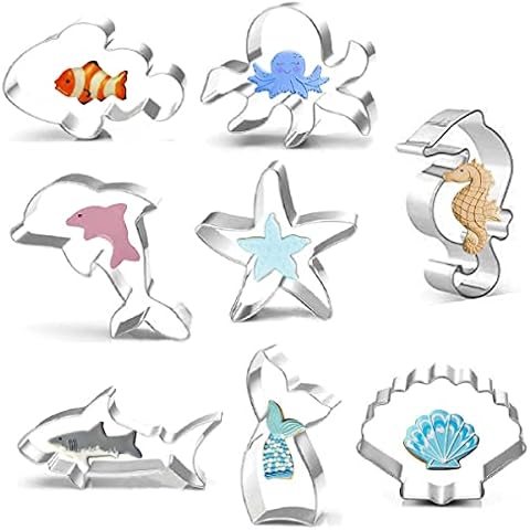 Ausstechformen Set, 8 Stück Ausstecher Plätzchenformen Ozean Kreatur Keksausstecher Edelstahl Delphin Seestern Muscheln Seepferdchen Clownfisch Hai Meerjungfrau Schwanz Cover