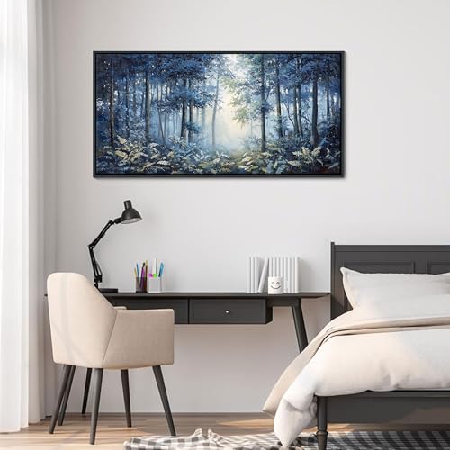 Image of Forest Canvas Wall Art for Living Room - Navy Blue Bedroom Wall Art, Landscape Pictures Wall Decor, Forest Painting, Framed Nature Tree Artwork Walls 20x40IN