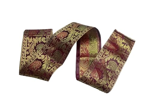 Image of Brocade Ethnic Work 9 Meter Laces and Borders Material for Dresses, Sarees, Lehenga, Suits, Blouses, Dupatta, chunri and Crafts (Wine Maroon)