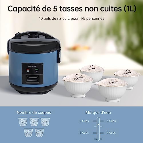 Eamoment Reiskocher, 1L Elektrischer Dampfgarer mit Antihaftbeschichtung, für 1-5 Personen, schnelle Zubereitung ohne Anbrennen, mit Warmhaltefunktion, Dämpfeinsatz, Reislöffel und Messbecher – Bild 5