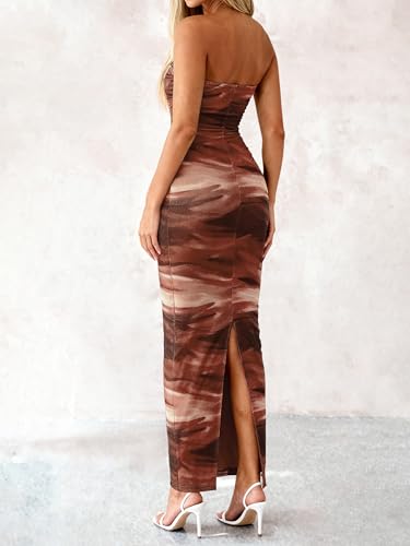 Image of PRETTYGARDEN Women Summer Strapless Maxi Dress Bodycon Floral Sexy Long Wedding Guest Dress Formal Tube Mesh Cocktail Dresses