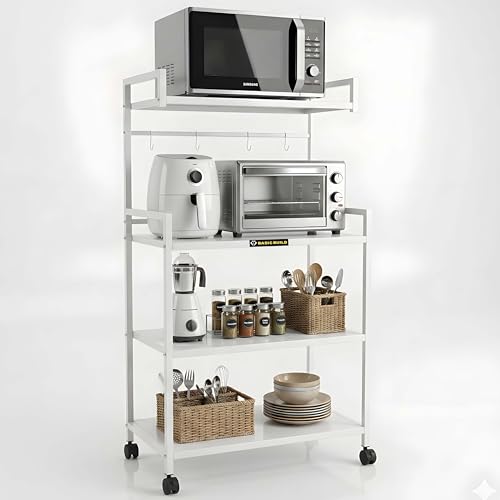 Image of 4-Tier Microwave Oven Stand with Wheels | Heavy-Duty Metal Kitchen Storage Rack for Microwave, OTG, Air Fryer & Appliances | Multipurpose Organizer Trolley (MS 4 White)