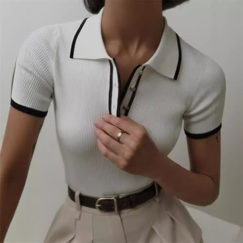 Short-Sleeved Lapel top, Tight-Fitting, Contrasting Colors, European and American Temperament Knitted Polo2