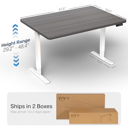 Image of VIVO Dark Gray 48 x 30 in Standing Desk, DESK-KIT-1W5G | Electric, Holds 220 lbs, Sit Stand, Height Adjustable, One-Piece Extra Deep Table Top, Memory Presets, 1B Series, White Frame