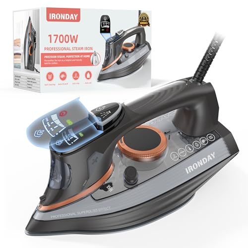 IRONDAY Steam Iron for Clothes with LCD Screen, 1700W Iron Non-Stick Ceramic Soleplate, Auto...