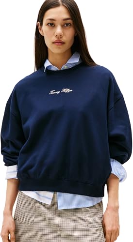 Tommy Hilfiger Sudadera Mujer Classic Script Terry con Cuello Redondo, Azul (Dark Night Navy), M