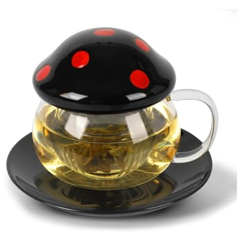 Cute Mushroom Cup Gothic Ceramic Tea Mug Set Black Glass Tea Cup with Infuser and Lid 290ml/10oz Teapot for Halloween Christmas Birthday Holiday Home Decor Cover