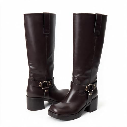 Image of Women's Knee High Riding Boots Chunky Heel Wide Calf Motorcycle Boots with Side Zipper