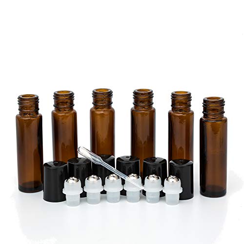 Zejia 10Ml Roller Bottles 6Pack Amber Thick Glass Essential Oil Roller Bottles Stainless Steel Roller Ball With 2 Droppers #TOP6