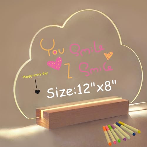 SetGame LED Note Board with 7 Color Pens, Cloud Designed Light Up Dry Erase Message Board with Light, Glowing Night Light Sign with Stand, Acrylic Writing & Drawing Bulletin Board for Bar, Kitchen