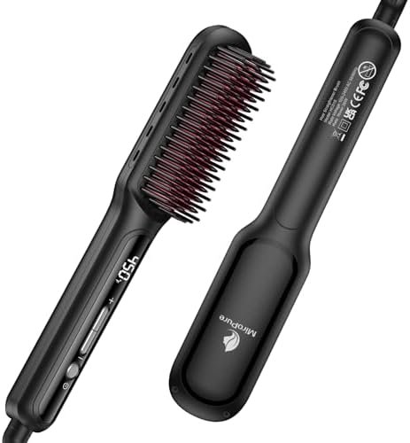 MiroPure Hair Straightener Brush with Plasma Technique, Ceramic Straightening Brush with 16 Temp Settings 30s Fast Heating, Hair Straightener Comb with LED Display & Dual Voltage, Black+Rosered