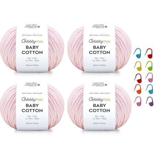 Image of Baby Cotton Blend Yarn - Soft Sport Weight Yarn for Crochet & Amigurumi - 50g /180yds - 60% Cotton 40% Acrylic - Ideal for Baby & Knitting Proj. & 10 Stitch Markers(Light Pink, 4 Balls)