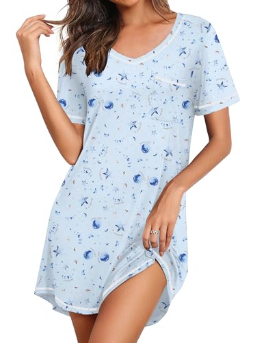 Image of Ekouaer Nightgowns for Women Short Sleeve Sleep Shirts V Neck Nightshirts Soft Sleepshirt Caual T Shirt Sleepdress