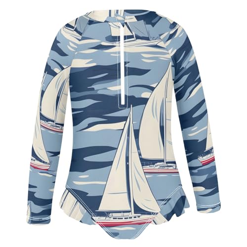 Girls One Piece Swimsuits Sailboat in Waves Pattern Beach Swimwear Long Sleeve Bathing Suit2