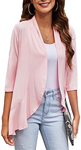 Bluetime Women Open Front Cardigan 3/4 Sleeve Draped Ruffles Soft Lightweight Cardigan Sunmer Dusters (S-3XL) (L, Pink)