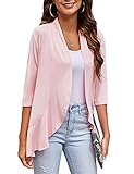 Bluetime Women Casual Lightweight Open Front Cardigans Soft Draped Ruffles 3/4 Sleeve Cardigan (M, Pink)