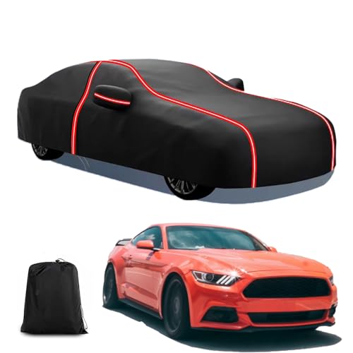Image of Waterproof Car Cover for Ford Mustang 1994-2026, All Weather Outdoor 230T Polyester with Driver Door Zipper, Snow Rain Dust Sun UV Protection, Includes Storage Bag(Black+Red)
