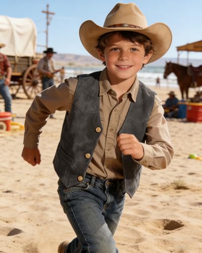 Image of Retro Boys Western Cowboy Vest for Kids Leather Suede Waistcoat | vintage dress vests, welt pockets, v-neck, adjustable waist, formal slim fit, wedding outfit, farm christmas birthday prom