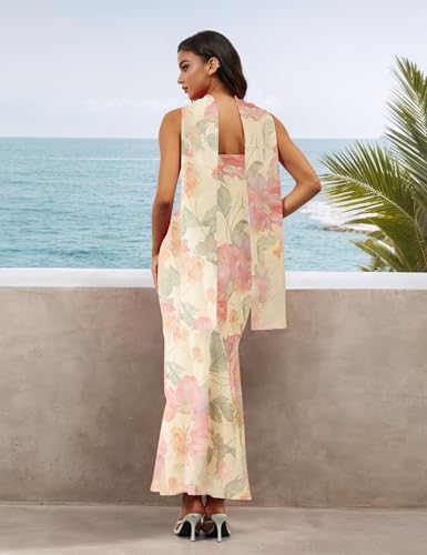 Image of MSBESYOR Women Floral Maxi Dress with Scarf Party Club Homecoming Cockatail