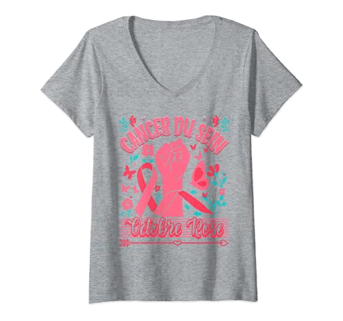 Femme Octobre Ruban Rose Cancer du Sein Sensibilisation T-Shirt avec Col en V Cover