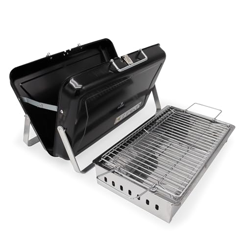 RIN & RUT Tragbarer Holzkohlegrill klappbar – Kompakter Design BBQ-Grill wie ein Koffer – Mit Belüftung, 2-stufigem Edelstahlrost & faltbarem Gehäuse – Ideal für Balkon, Camping & Reisen – Bild 4