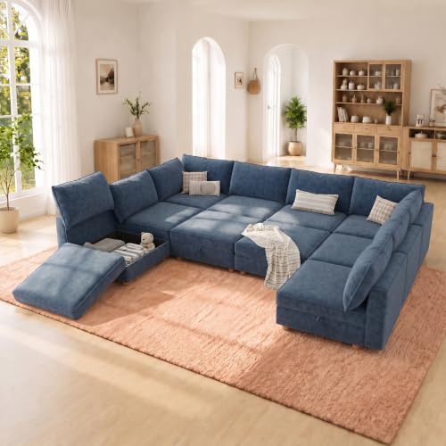 Image of 128 inch Chenille Modular Sofa Bed with Washable Covers & Storage, 10-Seater Modular Sectional Sleeper Sofa Bed with Movable Ottoman Chaise, Convertible Sleeper Sectional Couches for Living Room, Blue