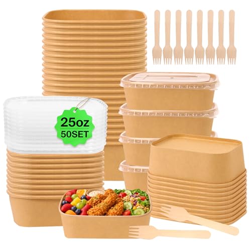 DeziWood 50 Pack 25 oz Paper Food Containers with Lids Meal Prep Containers Disposable Large Paper Bowls Microwavable and Freezer Storage Use Cardboard Food Containers