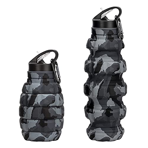 Image of Collapsible Travel Water Bottle19.6 oz, Reuseable Silicone Foldable Water Bottles for School, Office, Gym, Camping,Hiking,Portable Leak Proof Sports Water Bottle with Carabiner (Dark gray camouflage)
