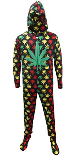 Underboss Mens Rasta Ganja Weed Leaf Footie One Piece Pajamas with Hood