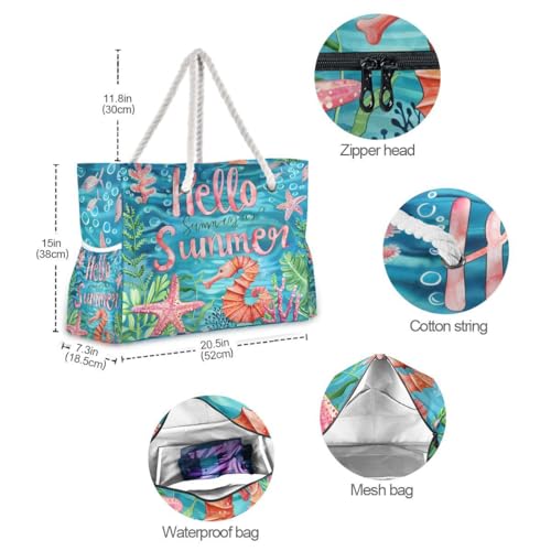 Image of Beach Tote Bags for Women, Turtle Flower Starfish Large Beach Shoulder Bag Pool Bags Purse
