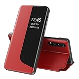 qiweiqing huawei p20 pro custodia bookstyle specchio design clear view stand full body protettiva bumper flip folio copertura compatibile con huawei p20 pro. red qh3