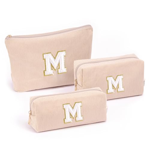 Image of Vavabox Corduroy Makeup Bag Set for Women, A-Z Personalized Cosmetic Bag for Travel Toiletry Organizer, Gifts for Women Mom Girls (M, 05-Khaki)