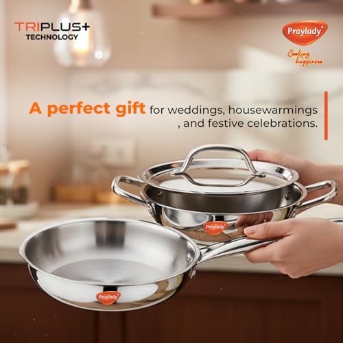 Image of Praylady Triplus Aura 3-Piece Tri-Ply Stainless Steel Cookware Gift Set - 20cm Kadai, 20cm-1.7ltr | Frying Pan with Common Lid | Naturally Non-Stick, Superior Heat Distribution, Elegant Gift Choice