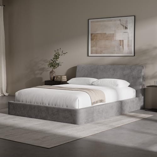 Image of RECCI AirFrame King Size Bed Frame with Ergonomic Angled Headboard, 360 Cushioned Platform Bed Frame, Low Profile Minimalist Soft-Frame Bed, No Box Spring Needed, Easy Assembly, Moon Grey