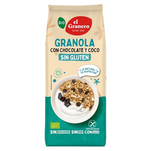El Granero Integral - Granola con Chocolate y Coco sin Gluten BIO - 350 g - Fuente de Fibra y Nutrientes Esenciales - Mejora la Salud Intestinal - Ideal para el Desayuno - Apto para Veganos