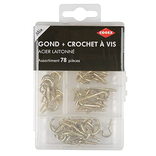 COGEX - Gancho surtido - Acero latonado - 78 piezas - Gancho y arandela de rosca - 78 ganchos para tornillos tipo L y ganchos para tornillos - Surtido de ganchos/fijaciones - Para colgar y fijar