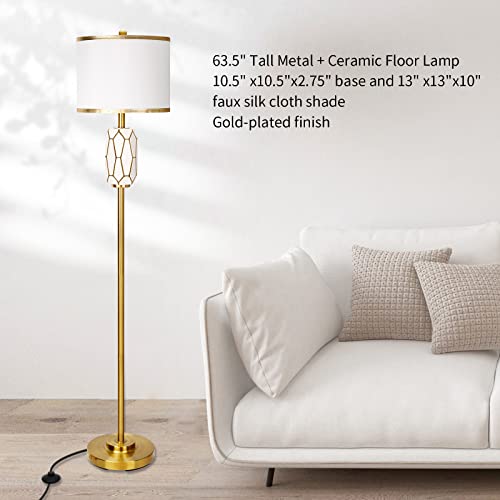 65" High Modern Floor Lamp, Mid-Century Modern Standing Black/White Ceramic Lamp, Bedside Lamp With Heavy Duty Base And Fabric Cylinder Shade For Bedroom, Living Room, Office And More （White） #TOP1