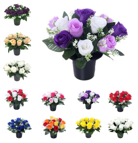 Mr. Barry's Rose Fleurs artificielles dans des pots de fleurs pour tombe - Résistant aux UV - Design durable pour cimetière, tombe, maison et jardin (violet...