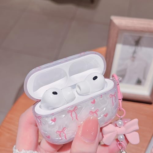 Image of MINSCOSE for Cute Glitter AirPods Pro 3rd Generation Case (2025) with Cleaner Kit,Shell Pattern Bow Ribbon Trendy Design with Bowknot Pearl Keychain for Girls Women for Airpods Pro 3-Pink