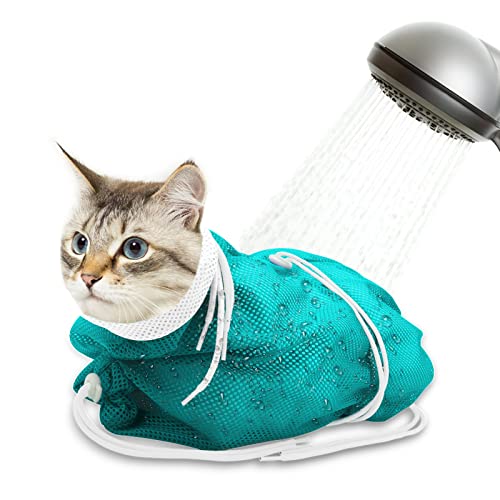 Cat Bathing Bag, Breathable Mesh Cat Shower Bag Anti Scratch Adjustable Cat Grooming Bag for Nail Trimming, Bathing Polyester Soft Cat Washing Bag (White-Green)