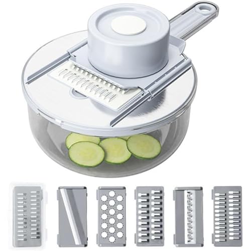 Lekolock スライサー 野菜カッター 野菜スライサー 多機能スライサーセット 5枚刃 キッチン用品セット収納洗面器と水切りバスケット付き スライサーセット 1セット5役 多刃付き 多機能スライサー スライス、切り花、太いワイヤー、細いワイヤー 指保護