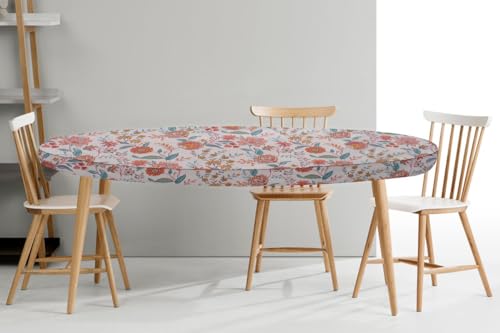 Image of The Furnishing Tree Elastic Cotton Oval Dining Table Cover 30x48 in Inches Floral Multicolor on offwhite Base