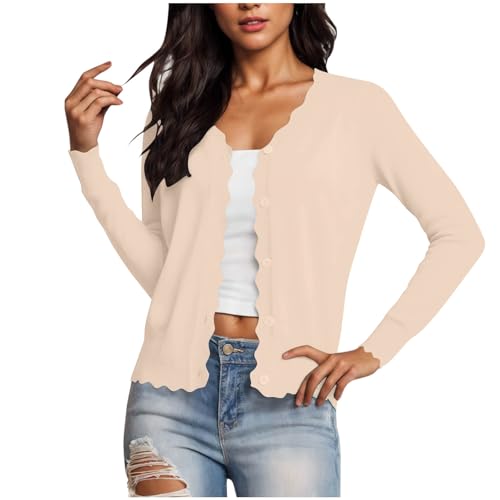 Oplxuo Women's Long Sleeve V-Neck Button Down Cardigan Knit Shrugs Sweater Lightweight Scalloped Edged Bolero Shrugs3
